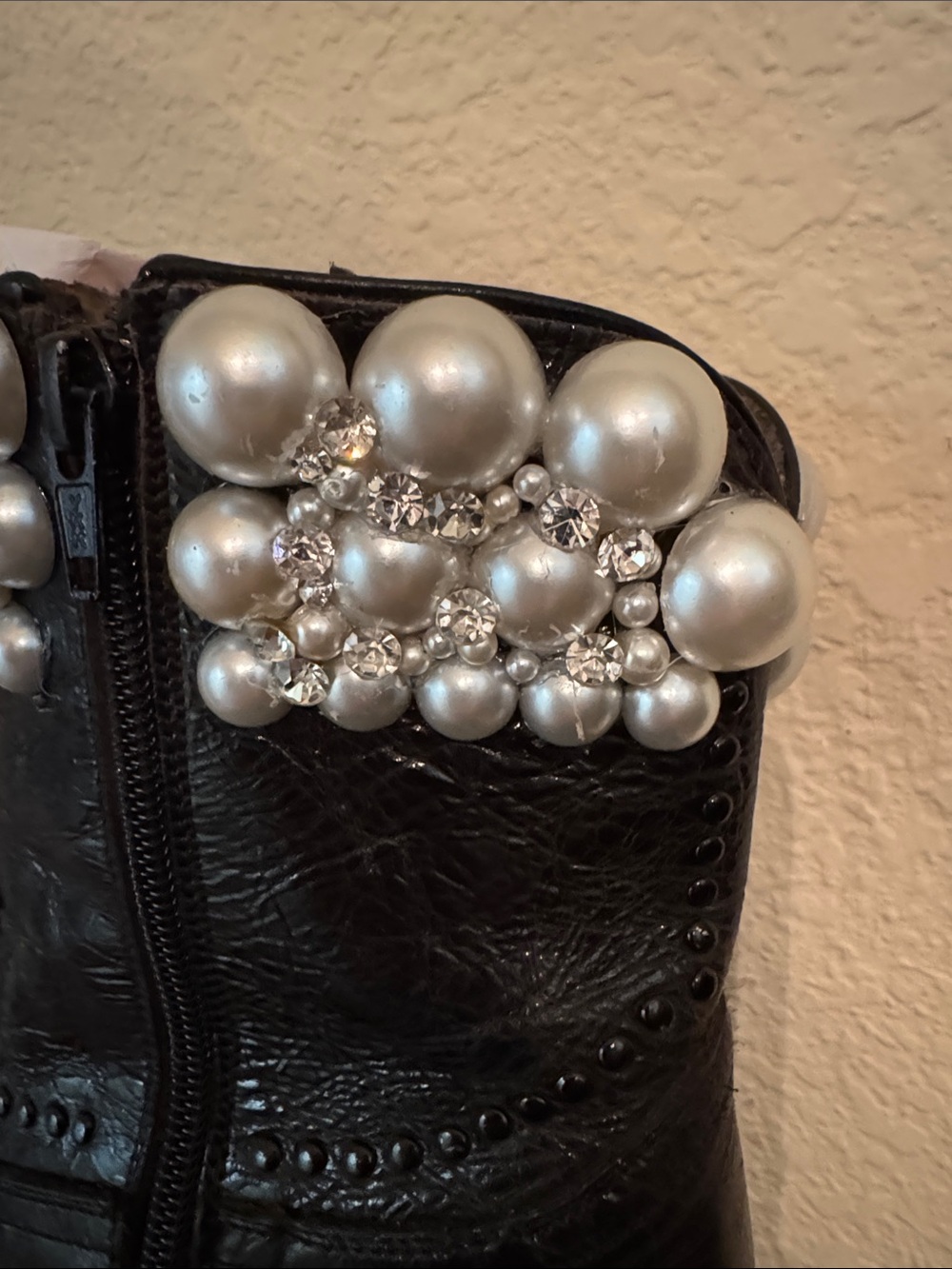 Pearl Black Leather Heeled Boots with Pearl and rhinestone Embellishment - Picture 6 of 6
